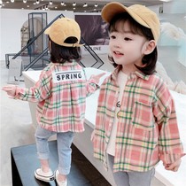 Girls coat spring and autumn clothes foreign style childrens clothes spring baby thin section long-sleeved shirt plaid top spring outerwear