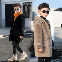 Boy woolen coat 2021 autumn and winter new middle and big children fur one woolen coat Korean version plus velvet thickened tide