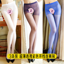 2 and 3 fun color stockings crotch-free ultra-thin anti-hook silk sexy open file stockings pantyhose black silk