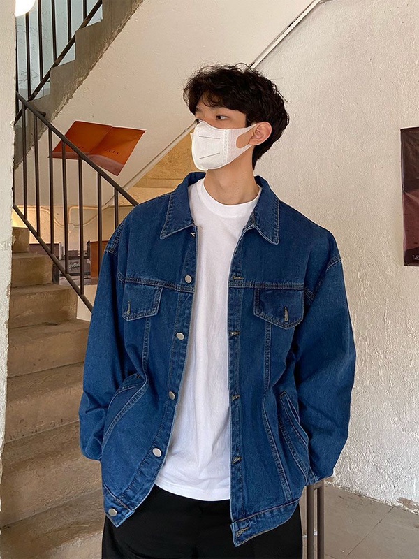 Autumn and Winter Denim Jacket for Men, Dark Blue, ins Trendy American Retro Workwear Jacket, Versatile Casual Jacket for Men