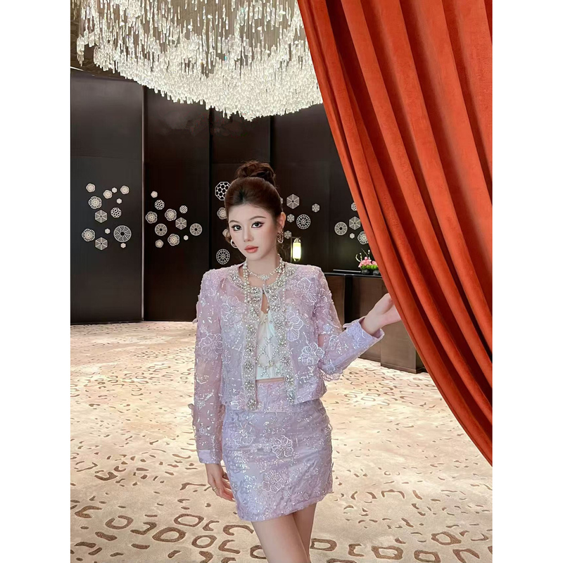 Heavy-Duty Rhinestone Sequin Thin Sun-Protective Cardigan for Women, Summer Lace Three-Dimensional Flower Breathable Top, Heavy-Duty Skirt Set