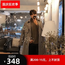 Winter long trench coat men over the knee British wind loose woolen coat men Korean version of the thousand bird grid cashmere coat men