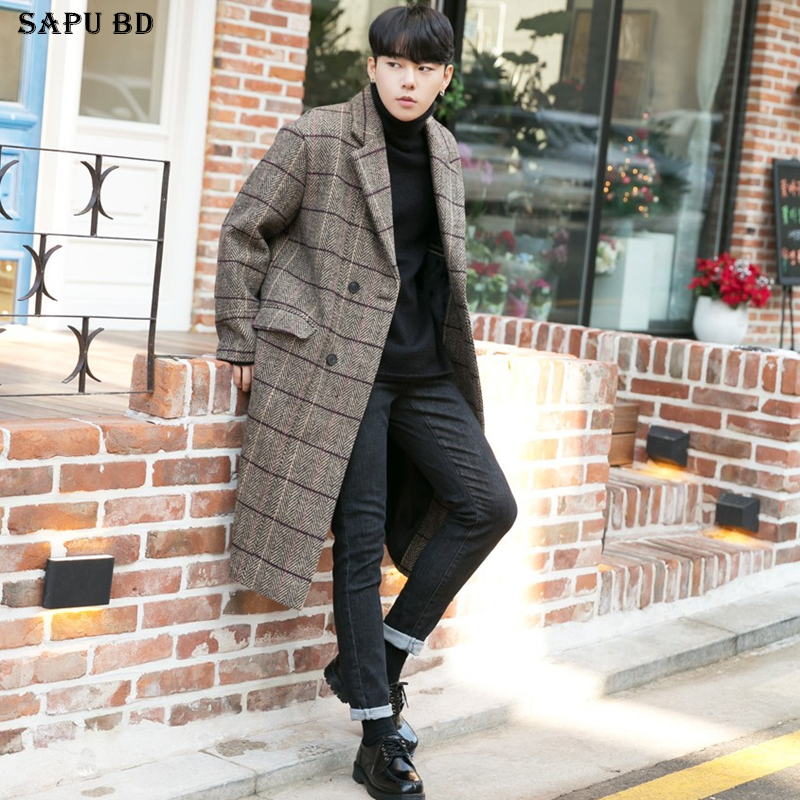 Wind clothes male plaid hair The big coat men's medium long version Korean version Trend Shuai Imran Wind in winter thickened loose jacket