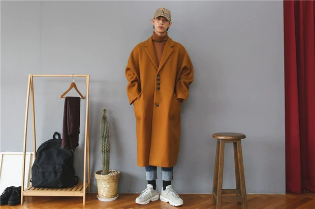 Mùa thu và mùa đông áo khoác len nam mới dài qua đầu gối Phiên bản Hàn Quốc của chiếc áo khoác cashmere lỏng nam áo phao lông vũ