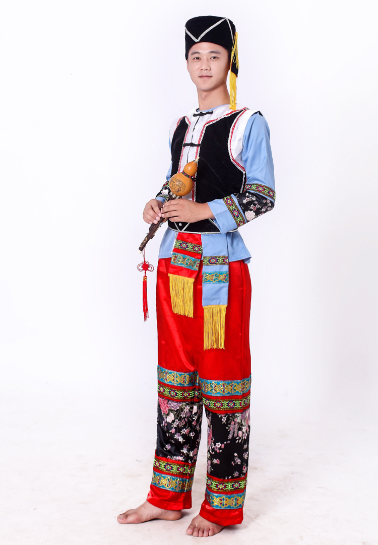 Trang phục dân tộc thiểu số mới Nam Cucurbits Trang phục biểu diễn Bawu Trình diễn trang phục Miao Dance Trang phục Tujia dài tay quần vải nam
