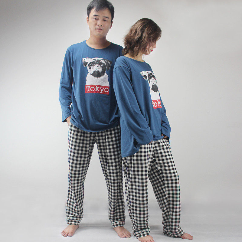 Large size cute cat and dog couple pajamas for men's autumn and winter long-sleeved loose knitted cotton suits women's fat MM home clothes