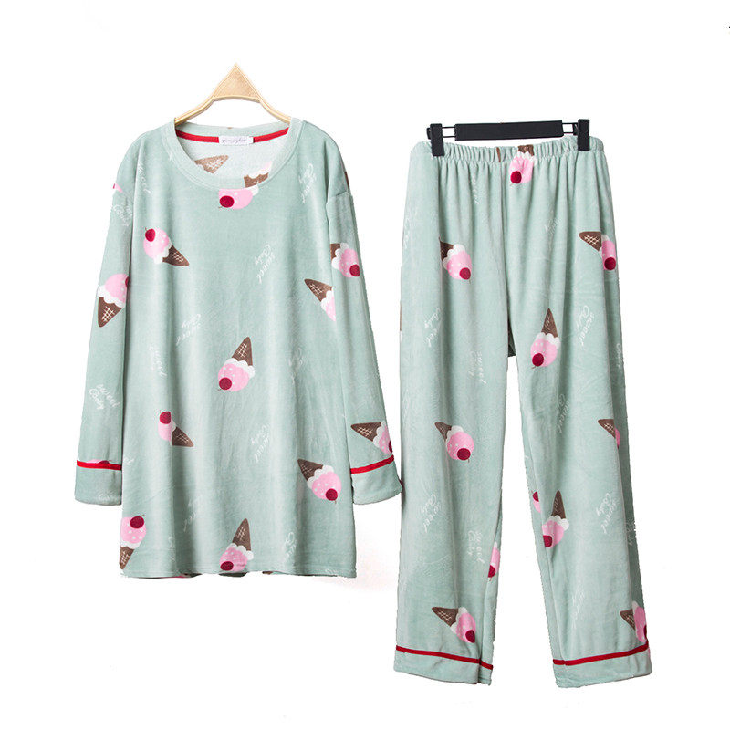Plus fertilizer plus size ice cream pajamas women's loose coral fleece two-piece autumn and winter 200 catties flannel home clothes