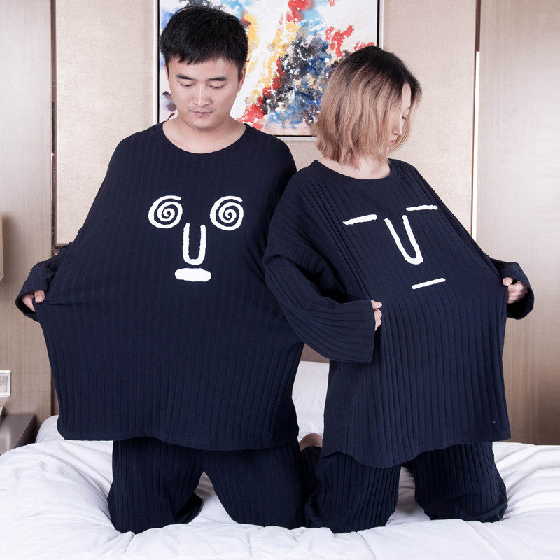 Funny large size loose couple pajamas for men and women spring and autumn long-sleeved suits cotton pregnant women fat MM200 jin home clothes
