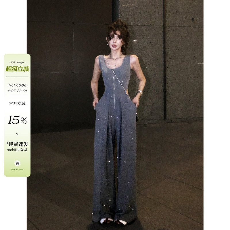 Li Wanjun's Original Design Rhinestone Jumpsuit for Women, Summer Waist-Revealing, Slimming, Versatile, Stylish, Strap Casual Pants