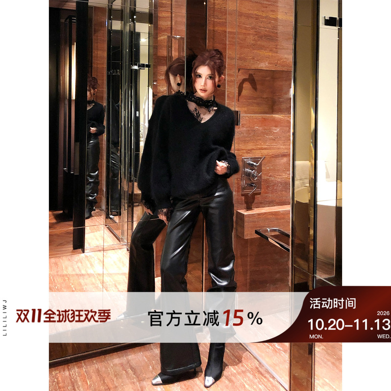 Li Wanjun's High-End, Slimming, Floor-Length Trousers for Women, Suitable for All Seasons, Made of Heavy Silver Fox Velvet, Ultra-Soft Protein Leather, Slimming Leather Pants