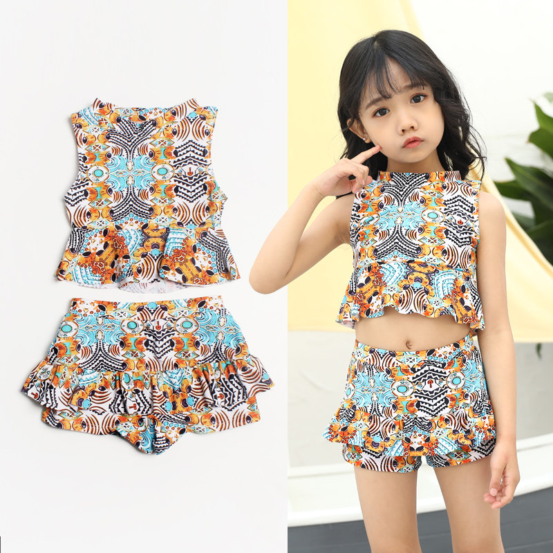 Korean cartoon children's sunscreen bathing suit Girls middle and large children's split cake cute princess culottes quick-drying