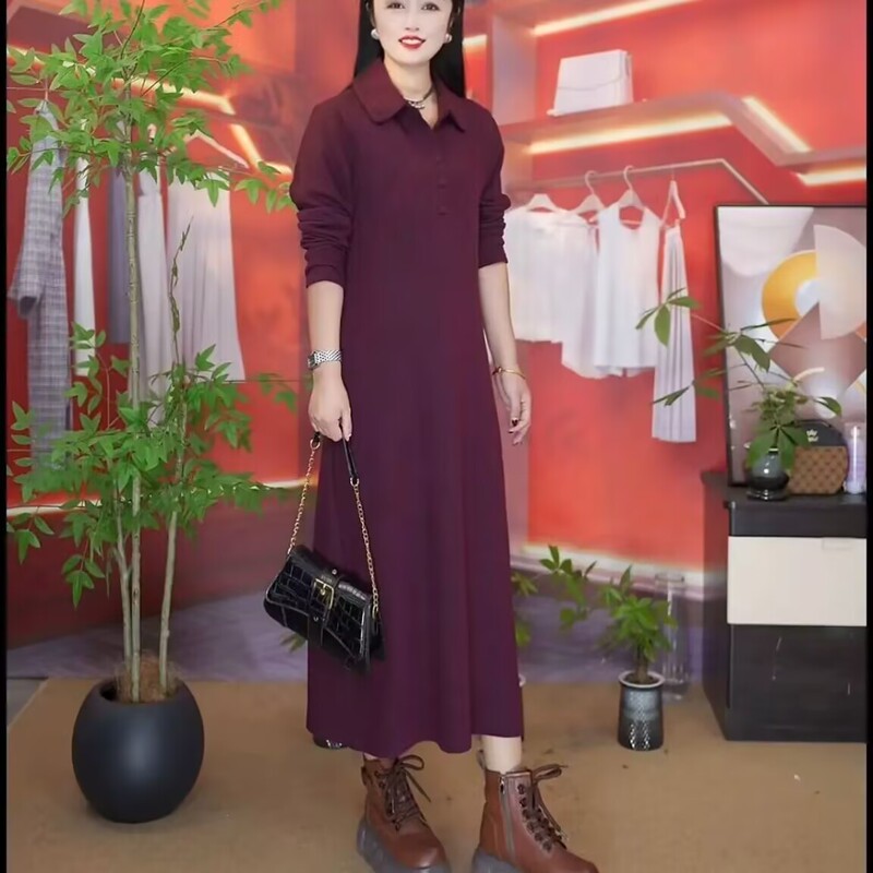 New Autumn Clothing, Elegant and Slimming Long-Sleeved Dress, Classy and Gentle Purple-Red Long Skirt over the Knee, Women's Polo Collar Skirt New Autumn Clothing, Elegant and Slimming Long-Sleeved Dress, Classy and Gentle Purple-Red Long Skirt over the Knee, Women's Polo Collar Skirt