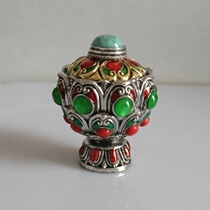 Antique collectible double-sided gilt silver snuff bottle double-sided painting gem-set snuff bottle smoking set inside-painted snuff bottle