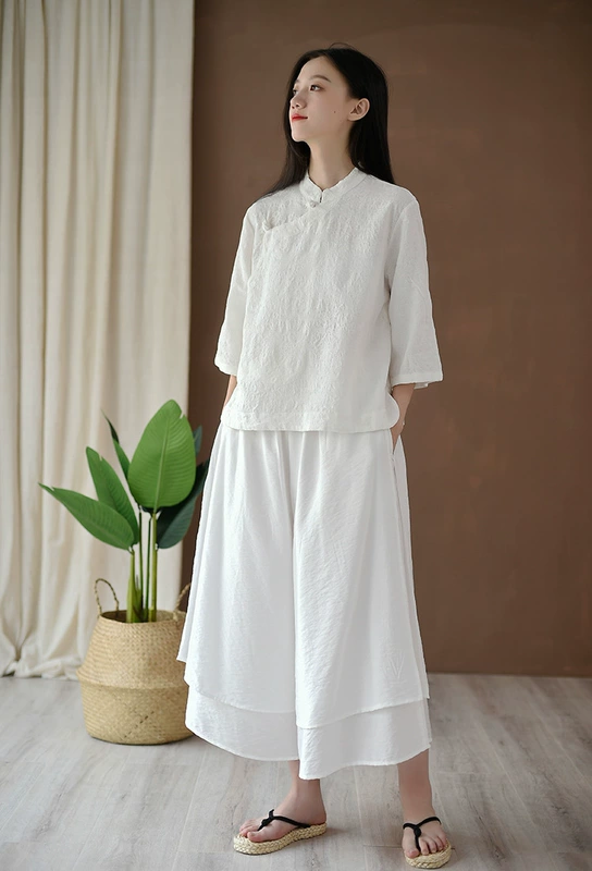 Cộng hòa Trung Quốc nữ sinh viên retro sườn xám hàng đầu mùa hè mới cotton và vải lanh nữ văn học đứng cổ áo sơ mi hoa cao cấp nữ - Áo sơ mi