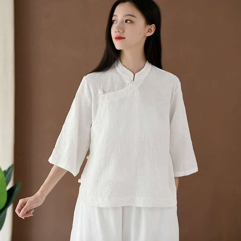 Cộng hòa Trung Quốc nữ sinh viên retro sườn xám hàng đầu mùa hè mới cotton và vải lanh nữ văn học đứng cổ áo sơ mi hoa cao cấp nữ - Áo sơ mi