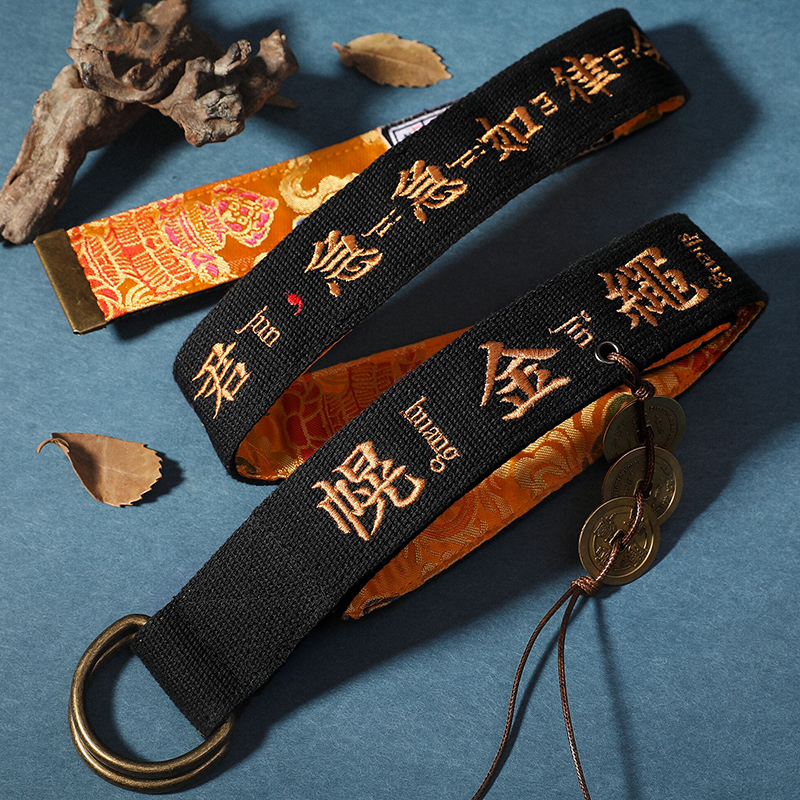 Oriental good courtesy Jean minimalist Embroidered Personality Double Ring Buckle Male And Female Canvas Belt National Tide Pants With Sapporo Gold Rope Belt