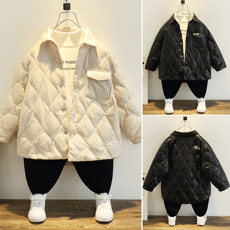 Children boy's down jacket 90 suede 2021 winter dress new foreign language CUHK Tong Han version Light and thin jacket Warm Jacket