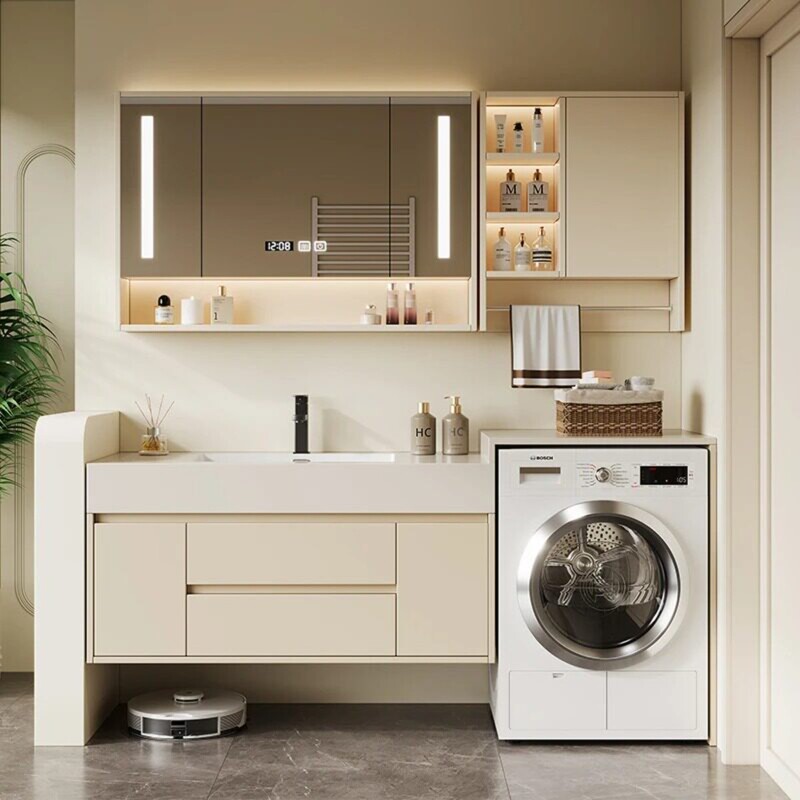 Custom Bathroom Cabinet with Integrated Washing Machine, Seamless Ceramic Basin, Bathroom Vanity, Washbasin, Handwashing Sink