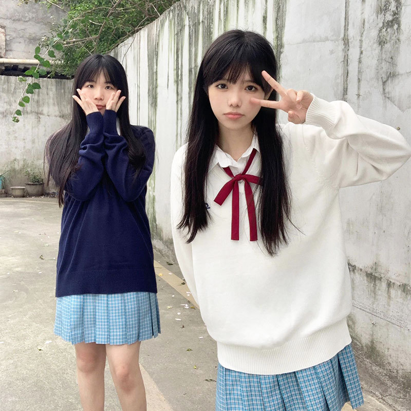 Original Jk Sweater Knit Top for Women, V-Neck Pullover, Long-Sleeve, Preppy Style, School Uniform Feel, White Japanese-Style Jacket for Women
