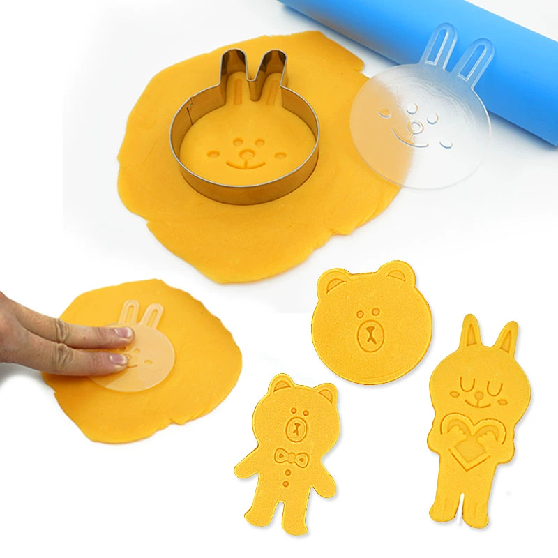 Phim hoạt hình Hàn Quốc Brown Bear Khuôn Bánh quy In ấn Khuôn Canny Rabbit Cookie Abrasives 3D Stereo Press Full Set - Tự làm khuôn nướng