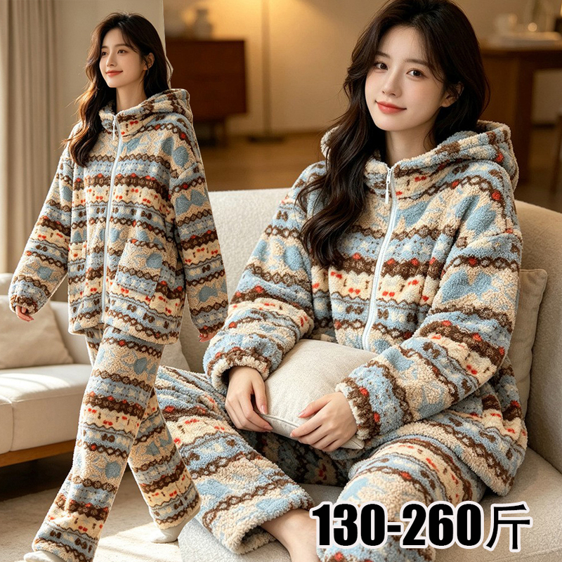 100-130kg Plus Size Winter Women's Pajamas, Flannel Hooded Thickened Loungewear That Can Be Worn Outside, Extra Large Size 100-130kg Plus Size Winter Women's Pajamas, Flannel Hooded Thickened Loungewear That Can Be Worn Outside, Extra Large Size