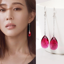 925 sterling silver earrings Austrian crystal stud earrings female long tassel wine red gift hypoallergenic