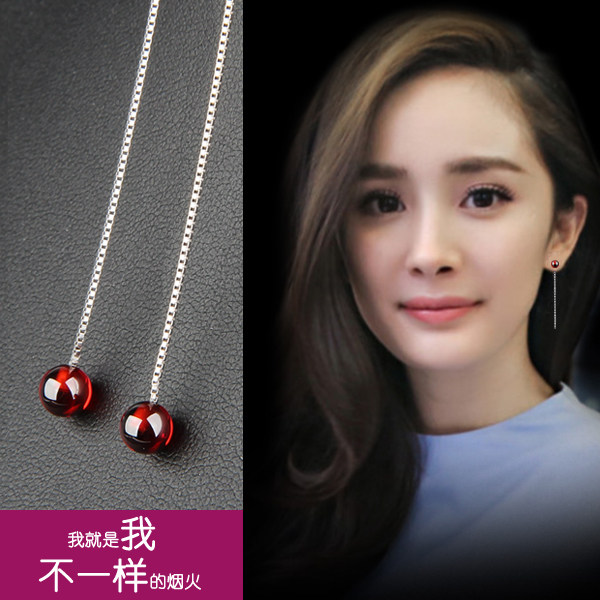 925 sterling silver earrings earrings garnet red crystal ear pin women's long version earrings tassel Korean jewelry hypoallergenic