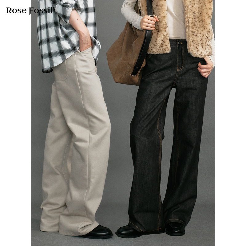 Rosefossil Basic Mid-Low Waist Straight-Leg Jeans, Two-Tone Versatile Casual Workwear Thickened Long Pants
