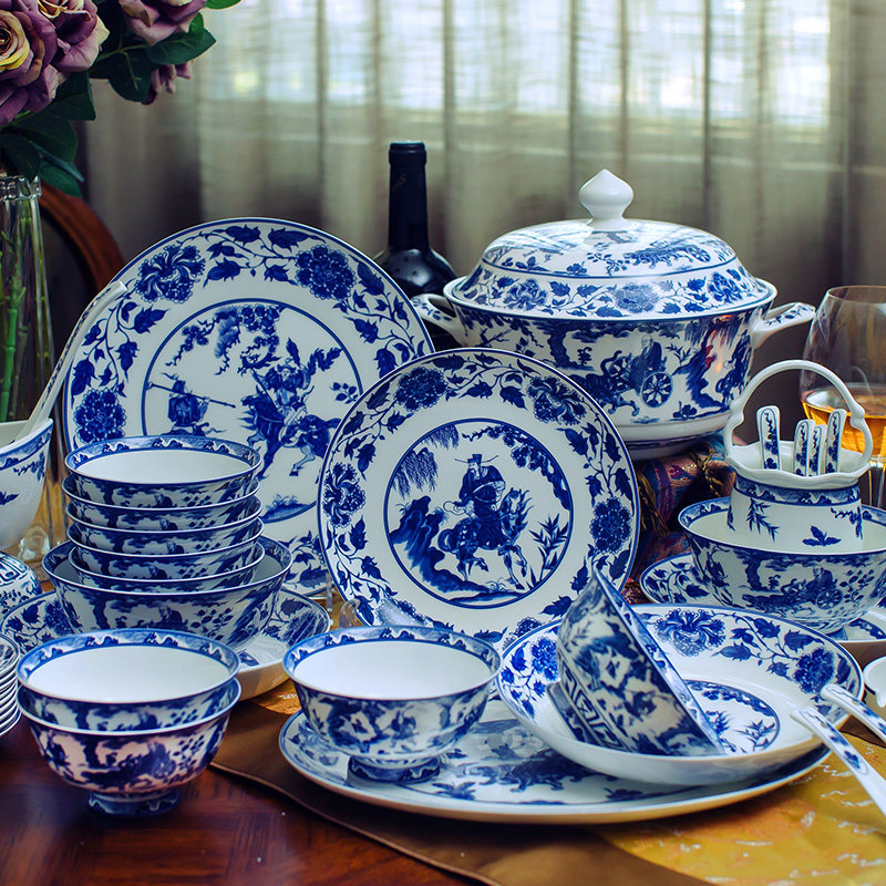 Jingdezhen 60 head glazed with colored green flower porcelain imitation ancient ghost valley Sub-mountain cutlery dishes Dish Suit Home Delivery Giao