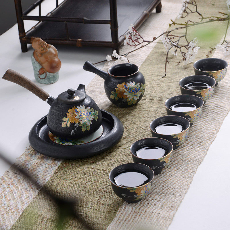 Ceramic kung fu Japanese-style wooden handle side pot Tianmu glaze kiln becomes grilled teapot teacup tea set gift box
