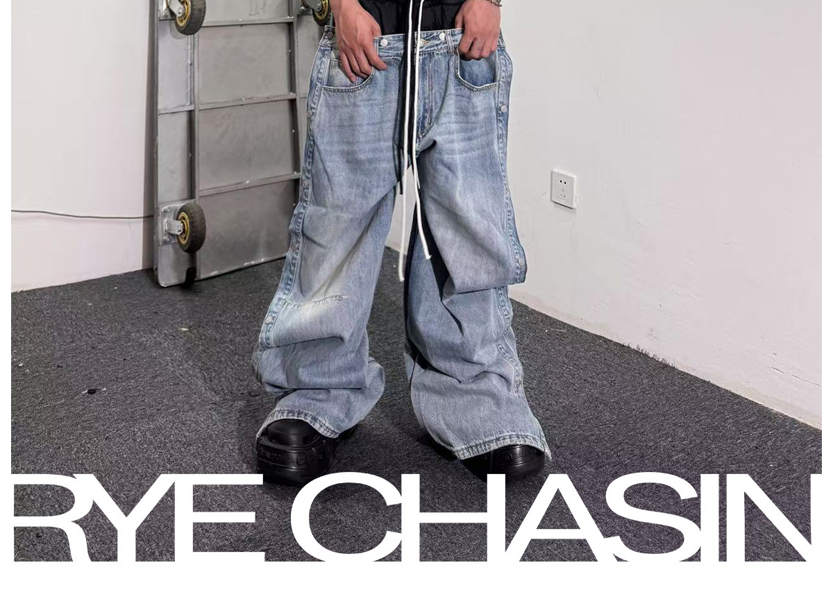 Rye chasincontrast color drawstring denim pants: detachable double