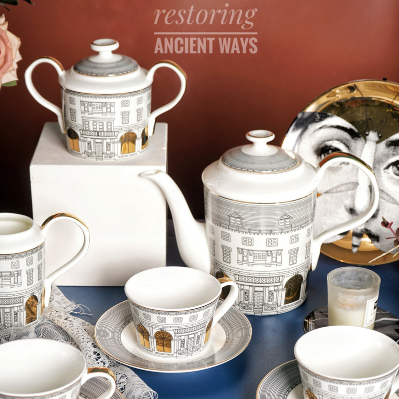 Exported Italian Coffee Cup, Saucer, Teapot, Milk Jug, Complete Set with Gold-Painted Handles, Architectural Series, Gift Box Set