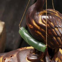 Natural Hetian Jade Jasper bamboo Italian choker spinach green carving bamboo bamboo leaf gold inlay 18 gold chain gift