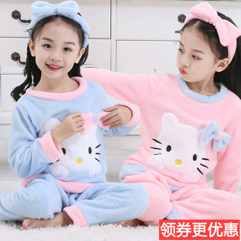 Children's pajamas autumn and winter girls flannel thickened cute baby little girl princess coral fleece home clothes