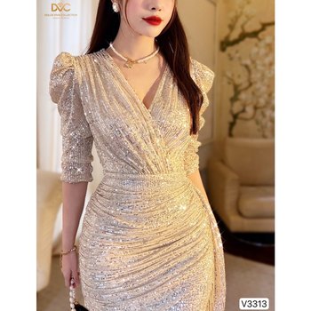 Vietnamese brand clothing DVC slim sequin dress V-neck puff sleeve short sexy dress