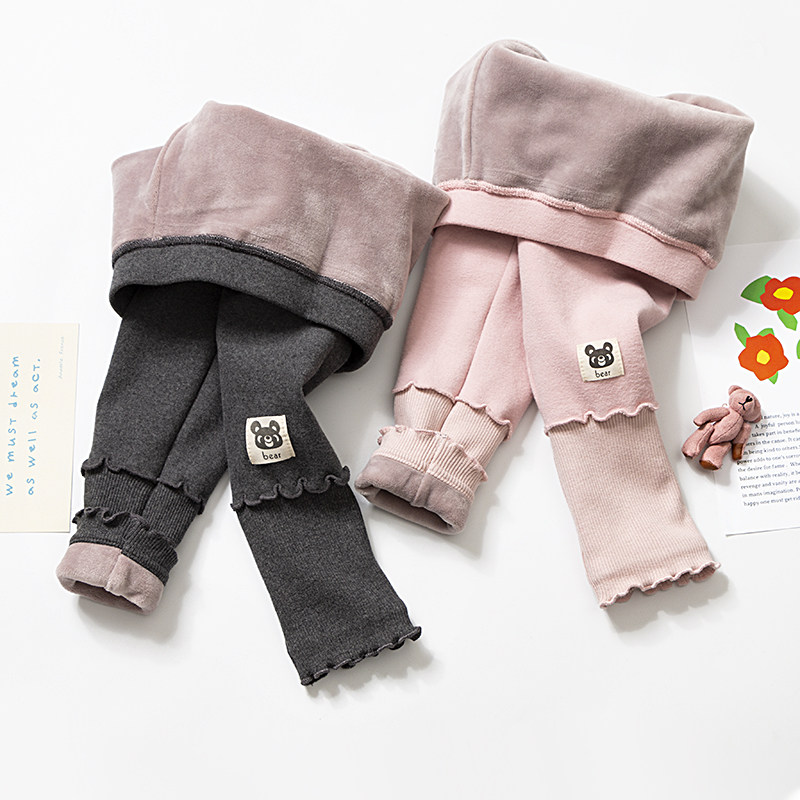 Korean version of pure cotton girls' underwear for autumn and winter double layer plus velvet thickening children's elastic self-cultivation baby children's clothing outer wear