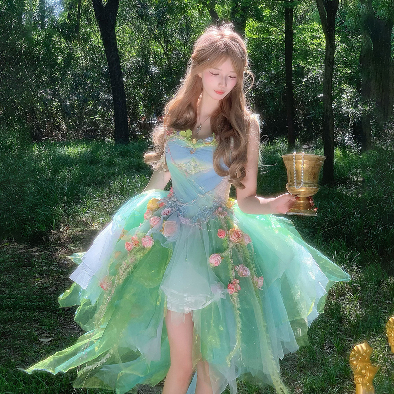 Original Design Handmade Heavy-Duty Monet Garden Blue-Green Artificial Flower Girl Photo Shoot Outfit Fairy Princess Dress Set Original Design Handmade Heavy-Duty Monet Garden Blue-Green Artificial Flower Girl Photo Shoot Outfit Fairy Princess Dress Set