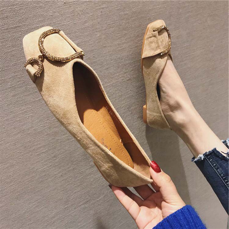 Hong Kong suede rhinestone square buckle flat heel flat shoes women's square head shallow mouth soft bottom scoop shoes large size beanie shoes women's tide