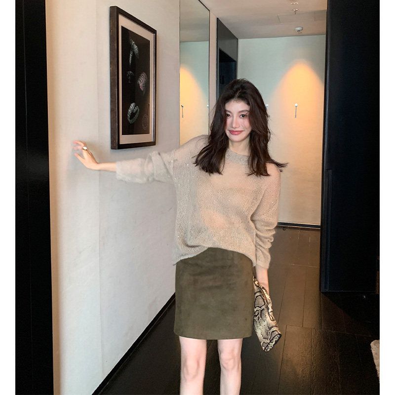 Chanel-Style Wool Round-Neck Hollow-Out Knit Sun Protection Top, New Summer Model with Shiny Long Sleeves, Air Conditioning Cover-Up Sweater