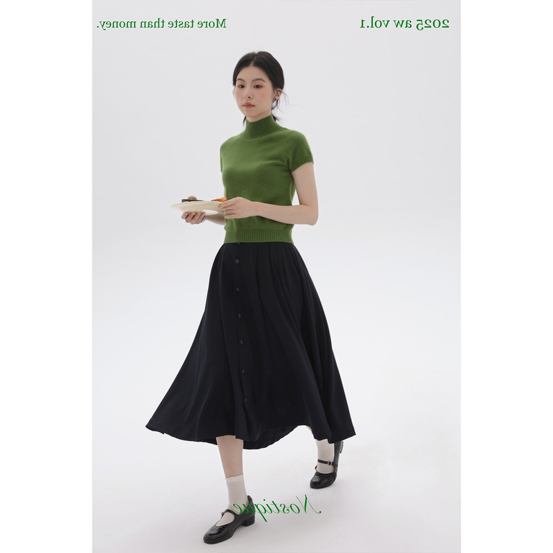French Retro Green High-Neck Short-Sleeved Knitwear for Women Spring New Design Slim-Fitting Bottoming Shirt T-Shirt