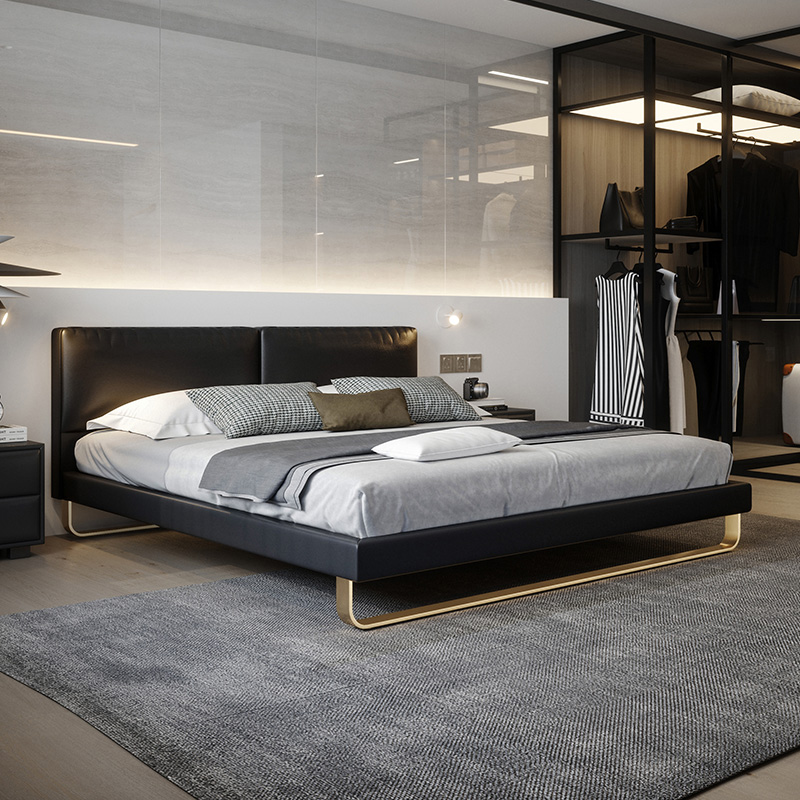 Italian Minimalist Real Leather Bed Nordic Light Extravaganza Modern Minimalist Wind Headlining Genuine Leather Biathlon Size main sleeper Wedding bed