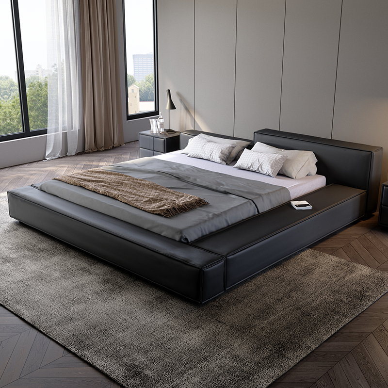 Nordic Light Lavish Genuine Leather Headboard Calf Leather Master Bedroom Tatami Wedding Bed Modern Minimalist Industrial Wind Net Red Double Bed