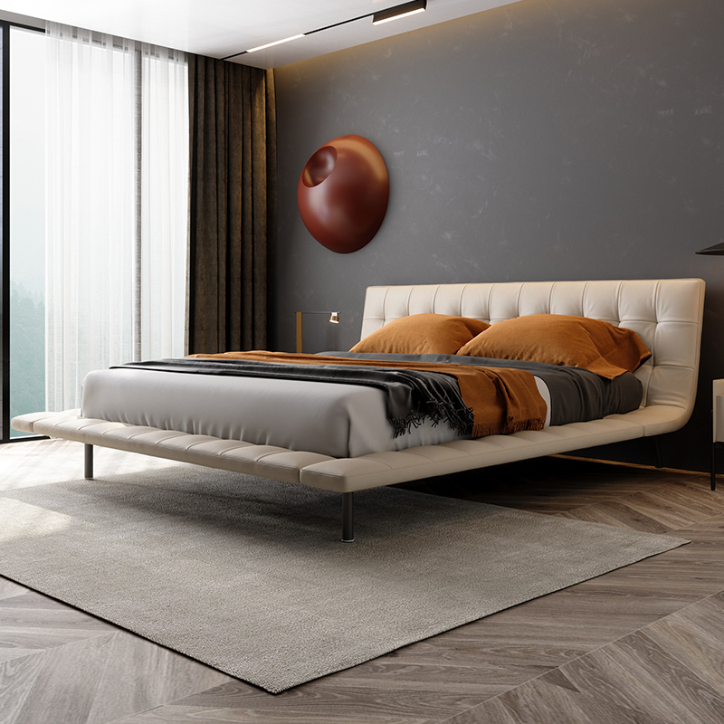 Italian Minimalist Leather Bed Genuine Leather Light Luxury Modern Minima Bigamy Bed Size Family Villa Nordic Style Master Bedroom