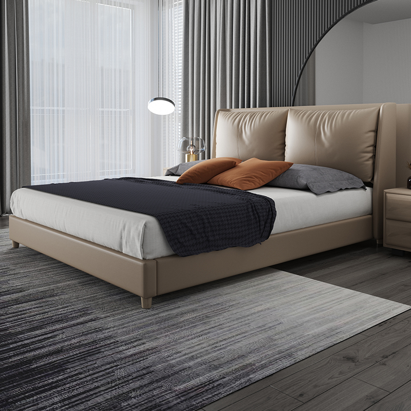 Willful light lavish minimalist real leather Long head layer of cow leather Nordic modern minimalist style tatami biathlon soft-covered wedding bed