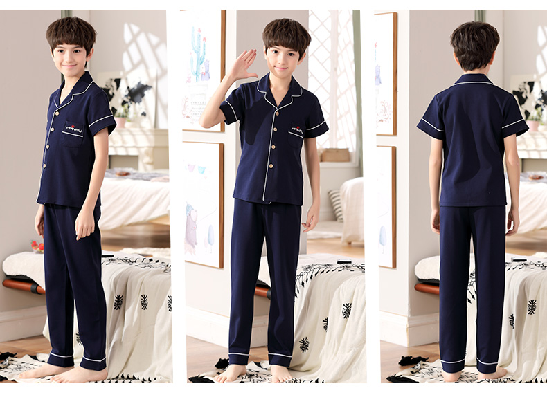 Nam Cực vào mùa xuân và mùa hè bé trai tuổi teen học sinh trung học cơ sở trong bộ đồ ngủ cotton ngắn tay tracksuit quần Zhongda boy quần áo trẻ em hàn quốc