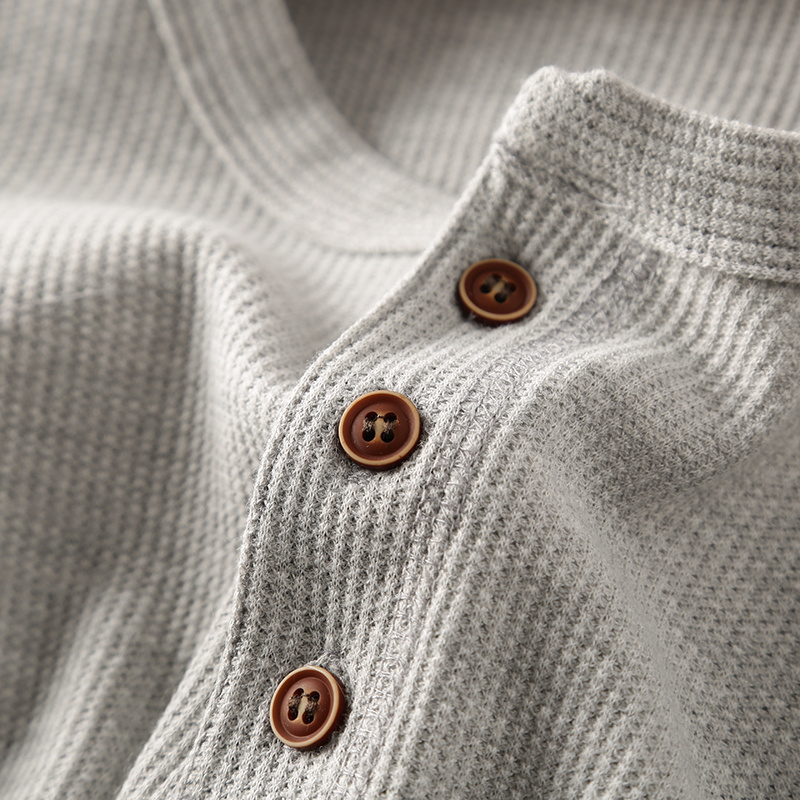 American-Style Button-Down T-Shirt! Waffle Knit Henry Collar Men's Solid Color Loose Knit Pullover Base Shirt Casual Long Sleeve