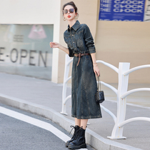 Fashion Foreign Air Retro Temperament Goddess Van Collection Waist Display Slim Denim Dress 2024 New Womens Spring Autumn Style Long Dress