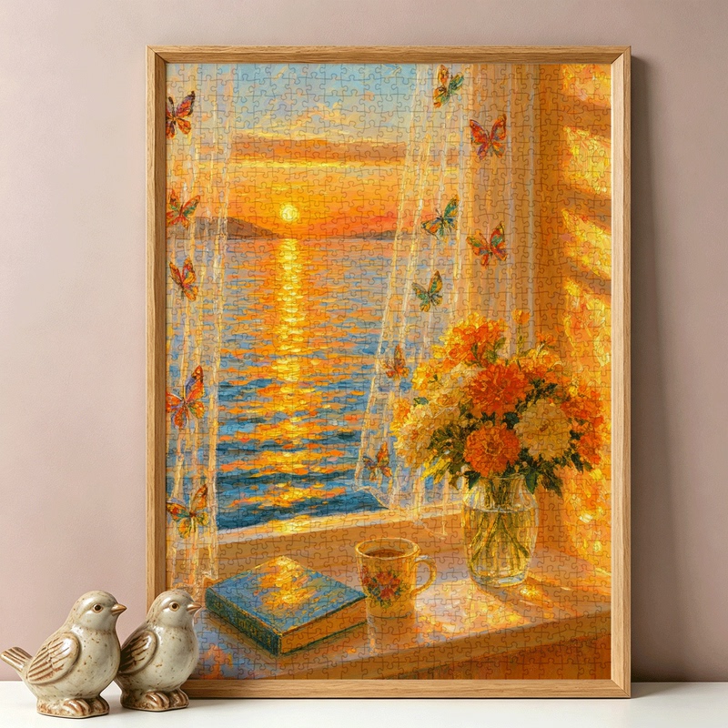 Window Sill Sunset Seascape Flowers and Butterflies Adult Puzzle 1000 Pieces Blue Card with Photo Frame Decorative Painting Scenery Stress Relief Healing Style