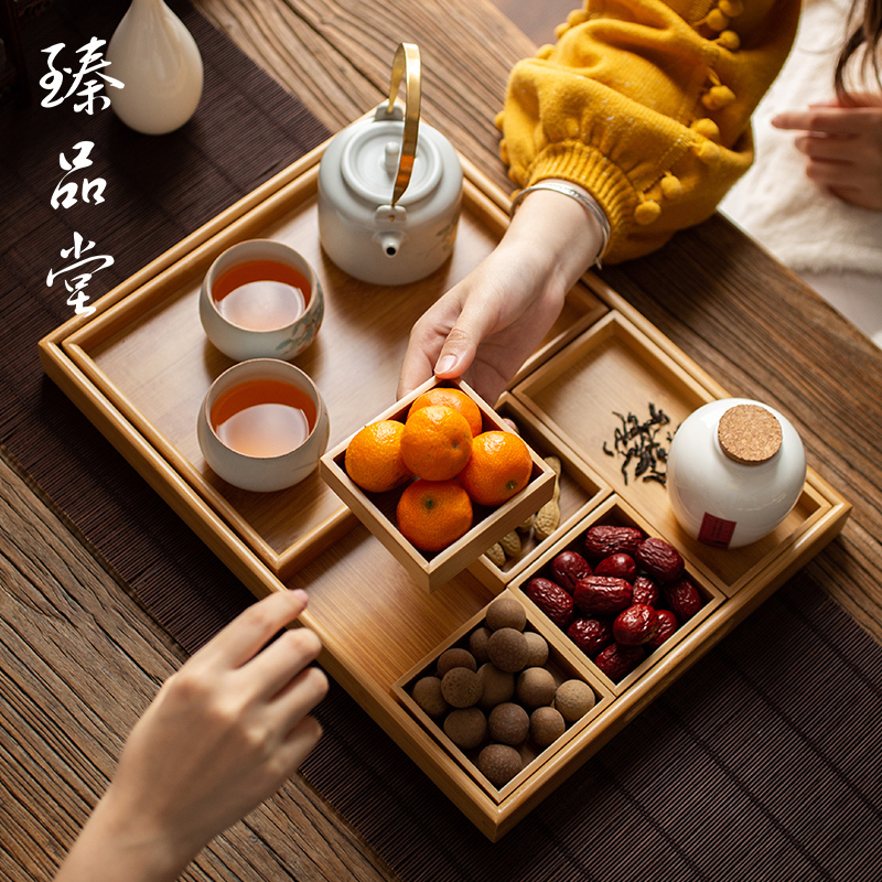 Zhenpintang Winter Tea Brewing Tray with Multiple Compartments for Snacks and Fruits, Exquisite Bamboo Tea Tray Storage Box