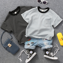 2021 summer childrens striped pocket loose short sleeve T-shirt boys and girls baby Korean casual half sleeve shirt